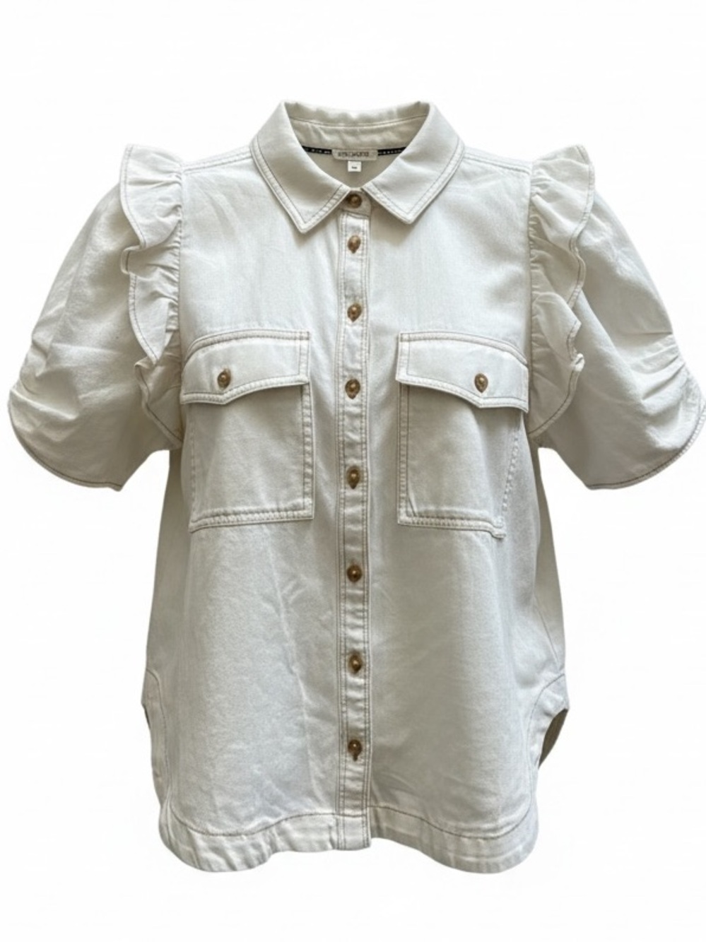 Pilcro Off White Ruffle-Sleeve Button-Front Shirt - M